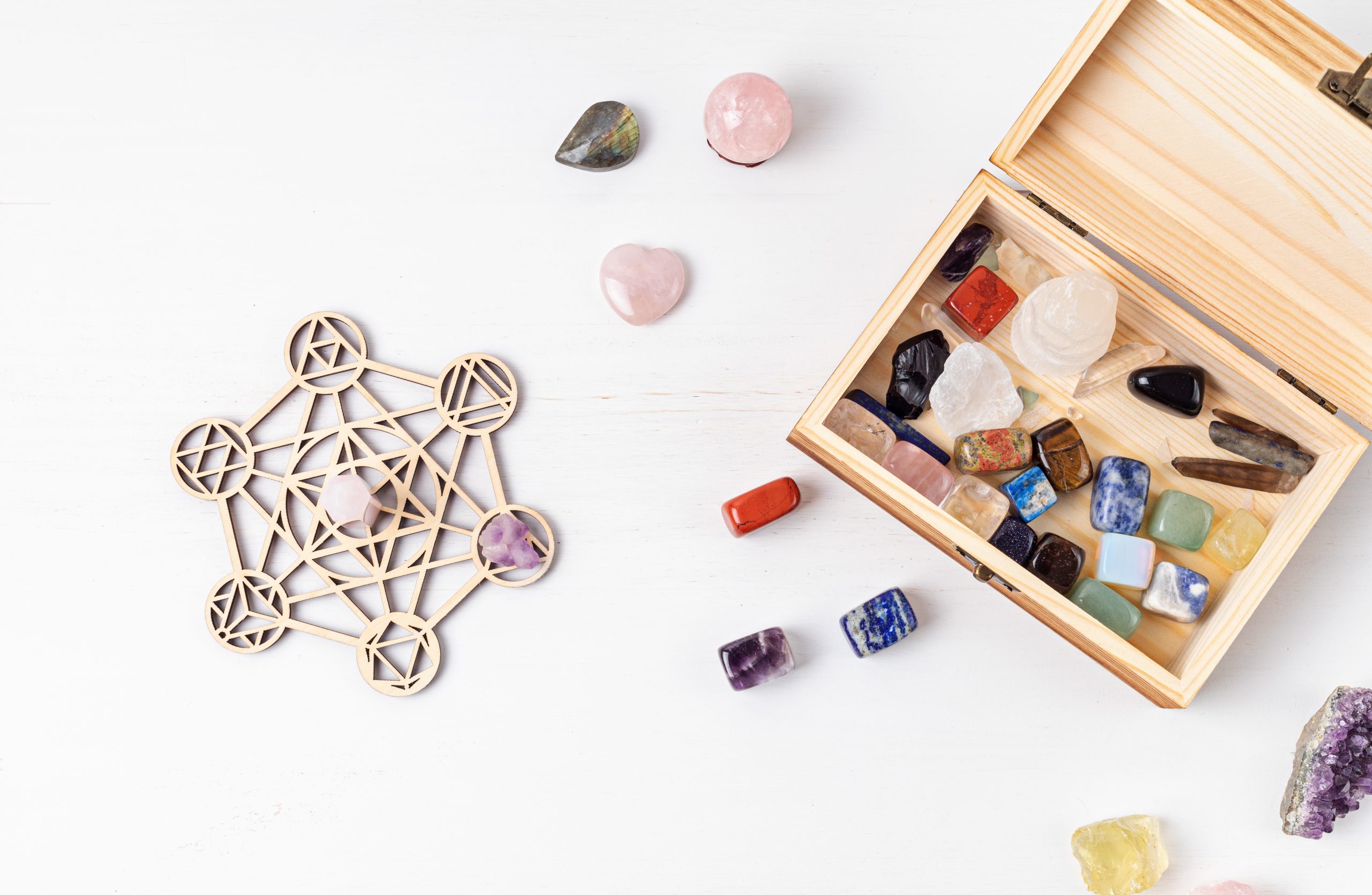 Healing chakra crystal grid therapy. Rituals with gemstones and aromatherapy for wellness, healing, meditation